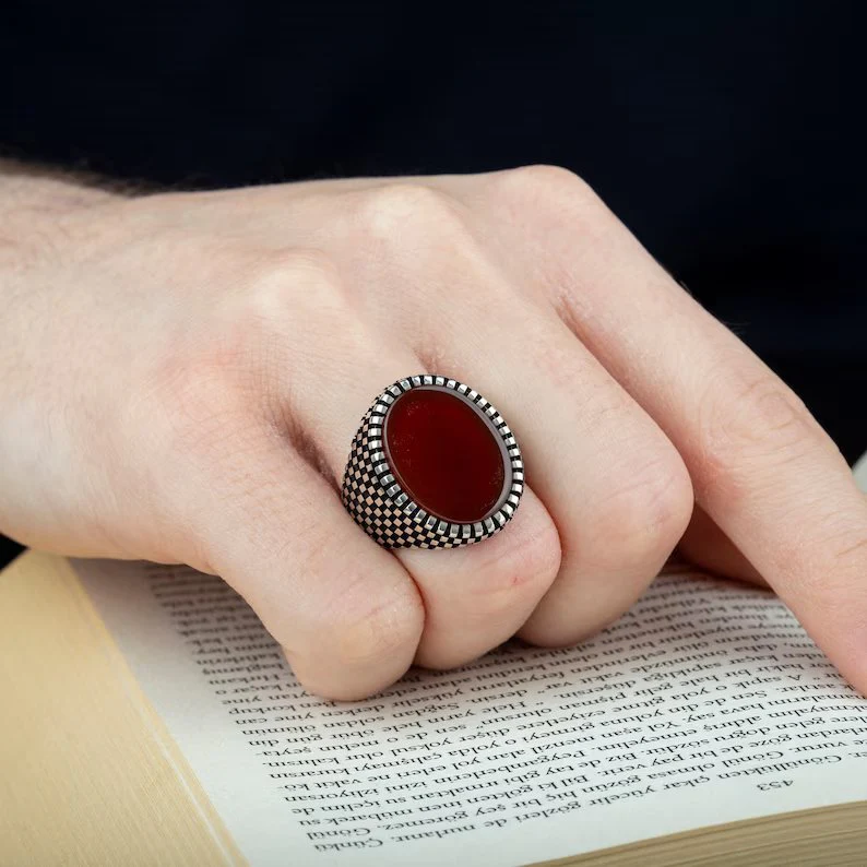 RARE PRINCE by CARAT SUTRA | Unique Turkish Style Ring with Natural Red Agate  | 925 Sterling Silver Oxidized Ring | Men's Jewelry | With Certificate of Authenticity and 925 Hallmark - Image 3