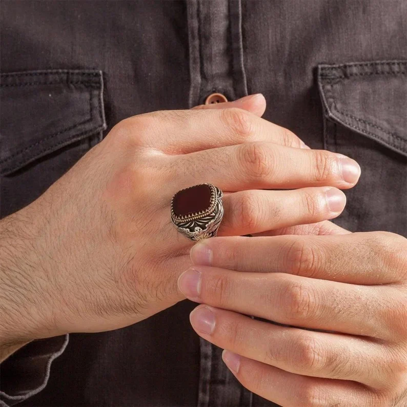 RARE PRINCE by CARAT SUTRA | Unique Turkish Style Ring with Natural Red Agate  | 925 Sterling Silver Oxidized Ring | Men's Jewelry | With Certificate of Authenticity and 925 Hallmark - Image 3