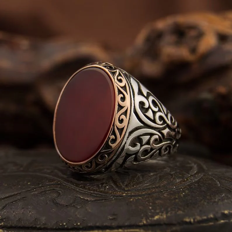 RARE PRINCE by CARAT SUTRA | Unique Turkish Style Ring with Natural Red Agate | 925 Sterling Silver Oxidized Ring | Men's Jewelry | With Certificate of Authenticity and 925 Hallmark - Image 2