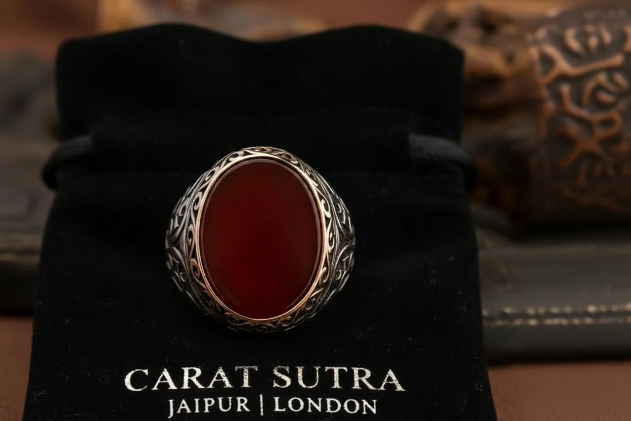 RARE PRINCE by CARAT SUTRA | Unique Turkish Style Ring with Natural Red Agate | 925 Sterling Silver Oxidized Ring | Men's Jewelry | With Certificate of Authenticity and 925 Hallmark - Image 3
