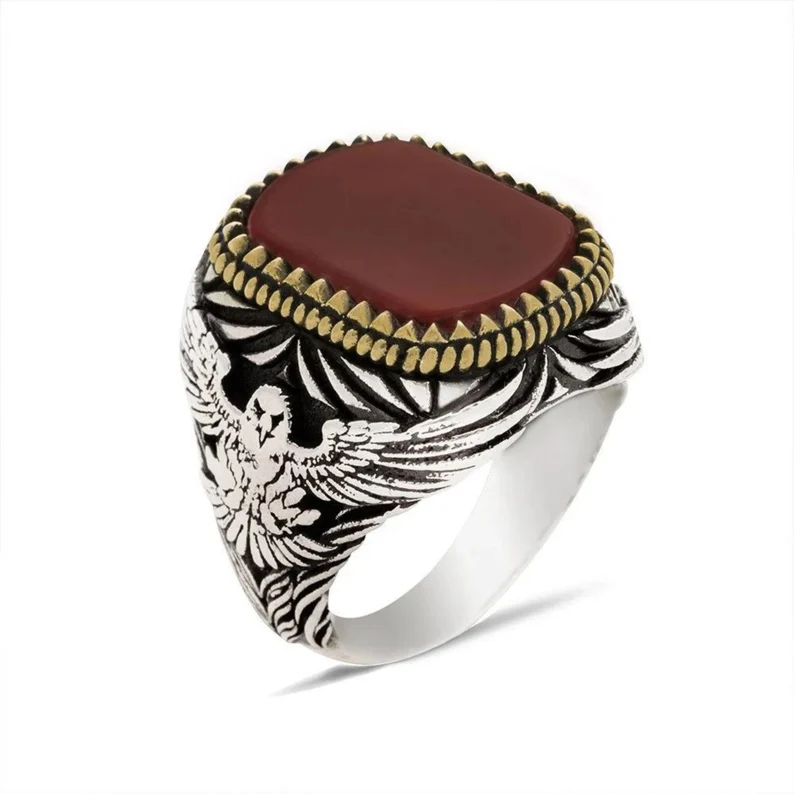 RARE PRINCE by CARAT SUTRA | Unique Turkish Style Ring with Natural Red Agate  | 925 Sterling Silver Oxidized Ring | Men's Jewelry | With Certificate of Authenticity and 925 Hallmark - Image 4