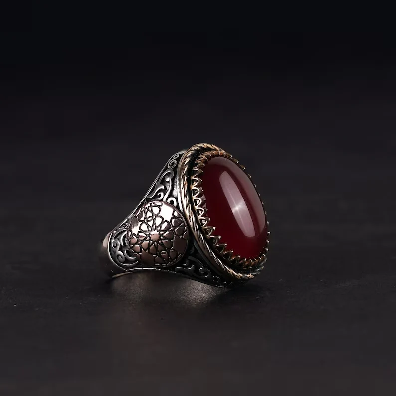 RARE PRINCE by CARAT SUTRA | Unique Turkish Style Ring with Natural Red Agate  | 925 Sterling Silver Oxidized Ring | Men's Jewelry | With Certificate of Authenticity and 925 Hallmark - Image 2