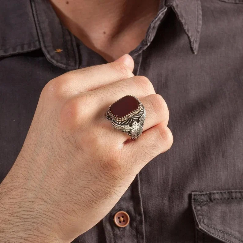 RARE PRINCE by CARAT SUTRA | Unique Turkish Style Ring with Natural Red Agate  | 925 Sterling Silver Oxidized Ring | Men's Jewelry | With Certificate of Authenticity and 925 Hallmark - Image 5