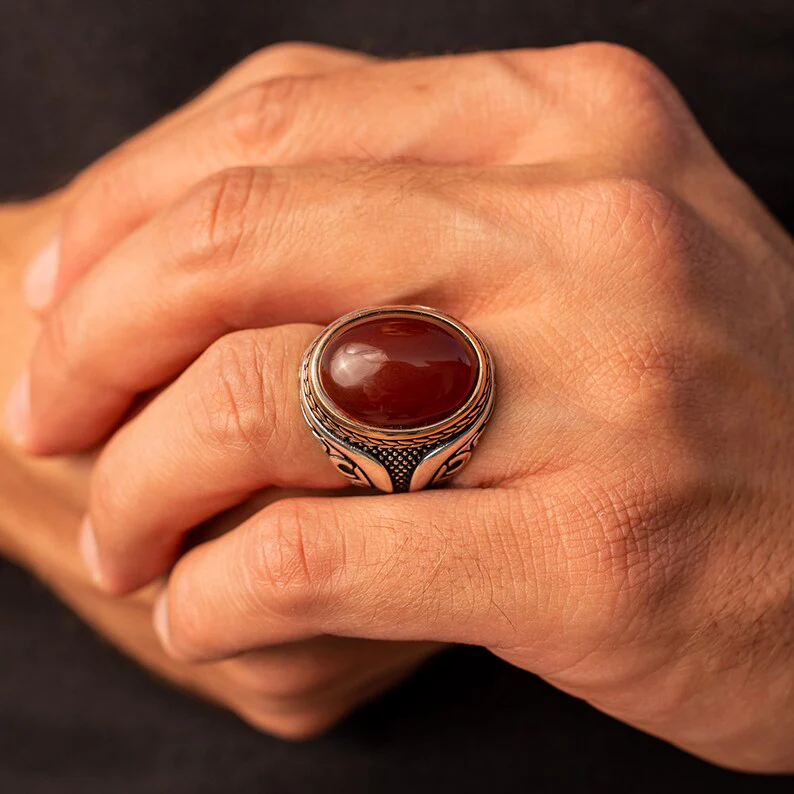 RARE PRINCE by CARAT SUTRA | Unique Turkish Style Ring with Natural Red Agate | 925 Sterling Silver Oxidized Ring | Men's Jewelry | With Certificate of Authenticity and 925 Hallmark - Image 3