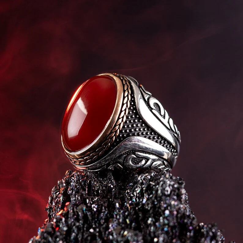 RARE PRINCE by CARAT SUTRA | Unique Turkish Style Ring with Natural Red Agate | 925 Sterling Silver Oxidized Ring | Men's Jewelry | With Certificate of Authenticity and 925 Hallmark - Image 4