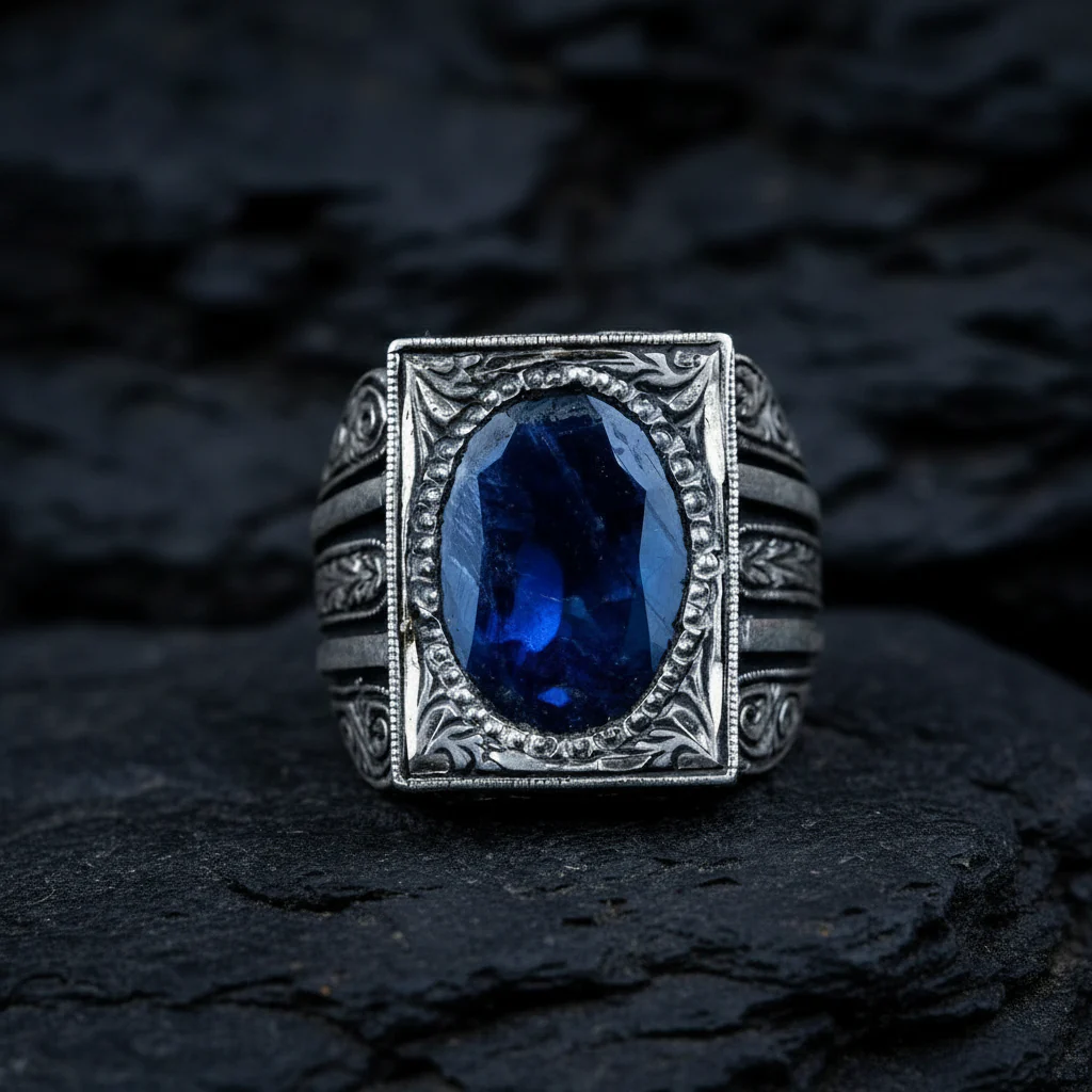 RARE PRINCE by CARAT SUTRA | Unique Turkish Style Ring with S Blue Sapphire, Oxidized Sterling Silver 925 Ring | Jewellery for Men| With Certificate of Authenticity and 925 Hallmark