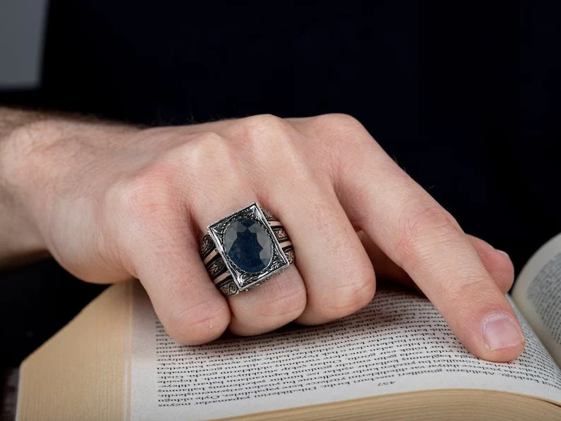 RARE PRINCE by CARAT SUTRA | Unique Turkish Style Ring with S Blue Sapphire, Oxidized Sterling Silver 925 Ring | Jewellery for Men| With Certificate of Authenticity and 925 Hallmark - Image 2