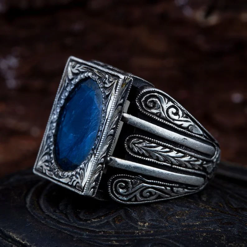 RARE PRINCE by CARAT SUTRA | Unique Turkish Style Ring with S Blue Sapphire, Oxidized Sterling Silver 925 Ring | Jewellery for Men| With Certificate of Authenticity and 925 Hallmark - Image 4
