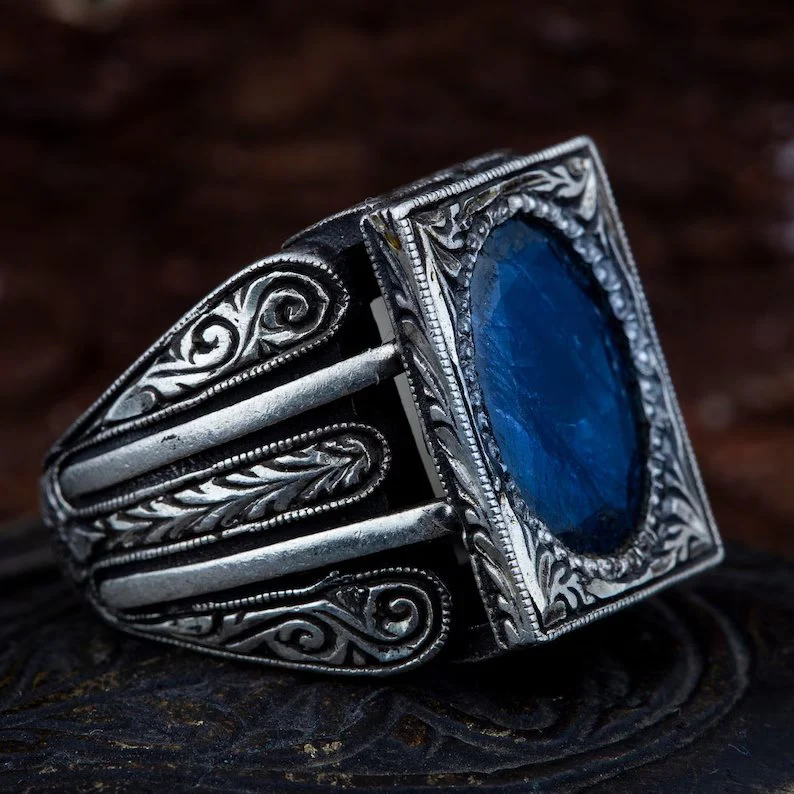 RARE PRINCE by CARAT SUTRA | Unique Turkish Style Ring with S Blue Sapphire, Oxidized Sterling Silver 925 Ring | Jewellery for Men| With Certificate of Authenticity and 925 Hallmark - Image 5