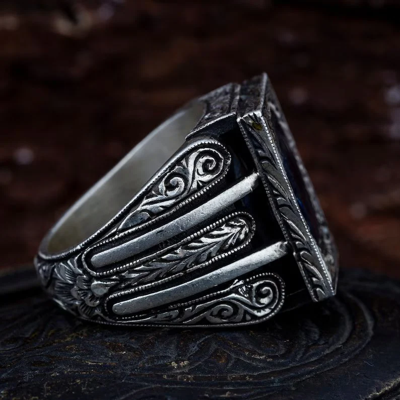 RARE PRINCE by CARAT SUTRA | Unique Turkish Style Ring with S Blue Sapphire, Oxidized Sterling Silver 925 Ring | Jewellery for Men| With Certificate of Authenticity and 925 Hallmark - Image 6