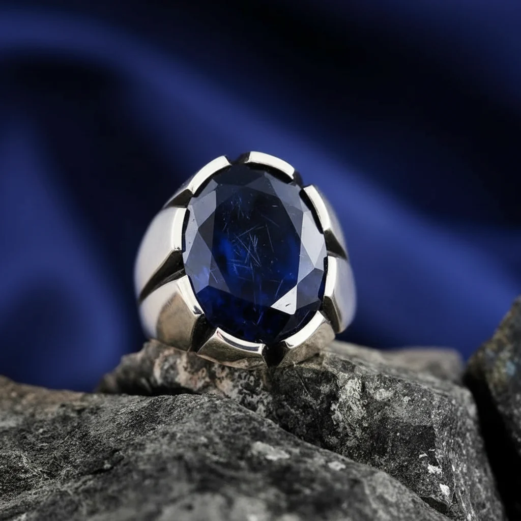 RARE PRINCE by CARAT SUTRA | Unique Turkish Style Ring with S Blue Sapphire, Oxidized Sterling Silver 925 Ring | Jewellery for Men| With Certificate of Authenticity and 925 Hallmark - Image 2