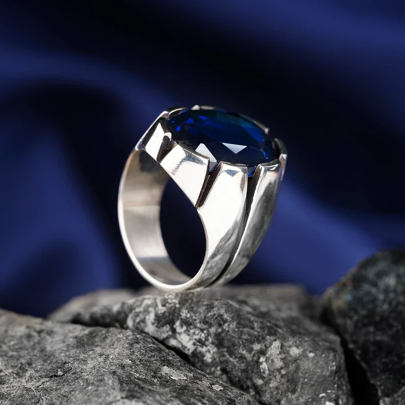 RARE PRINCE by CARAT SUTRA | Unique Turkish Style Ring with S Blue Sapphire, Oxidized Sterling Silver 925 Ring | Jewellery for Men| With Certificate of Authenticity and 925 Hallmark - Image 4