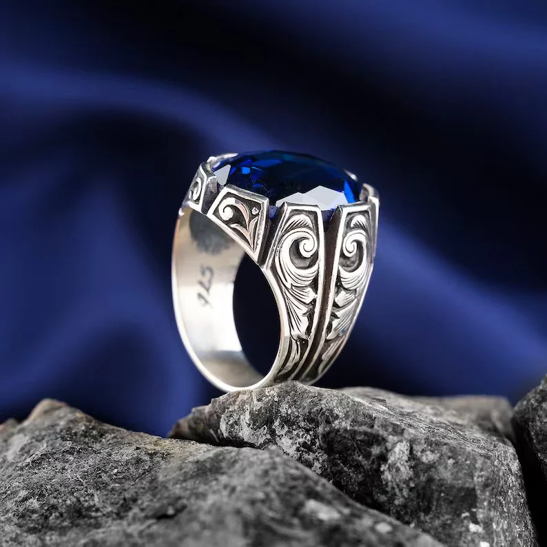 RARE PRINCE by CARAT SUTRA | Unique Turkish Style Ring with Srilankan Blue Sapphire | 925 Sterling Silver Oxidized Ring | Men's Jewelry | With Certificate of Authenticity and 925 Hallmark - Image 2