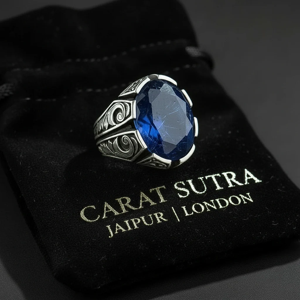 RARE PRINCE by CARAT SUTRA | Unique Turkish Style Ring with Srilankan Blue Sapphire | 925 Sterling Silver Oxidized Ring | Men's Jewelry | With Certificate of Authenticity and 925 Hallmark - Image 3