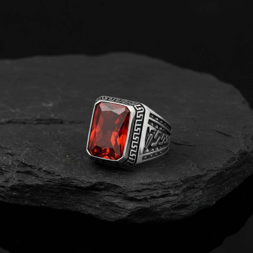 RARE PRINCE by CARAT SUTRA | Unique Versace Designed Turkish Style Ring with Natural Gomed , 925 Sterling Silver Oxidized Ring | Men's Jewelry | With Certificate of Authenticity and 925 Hallmark