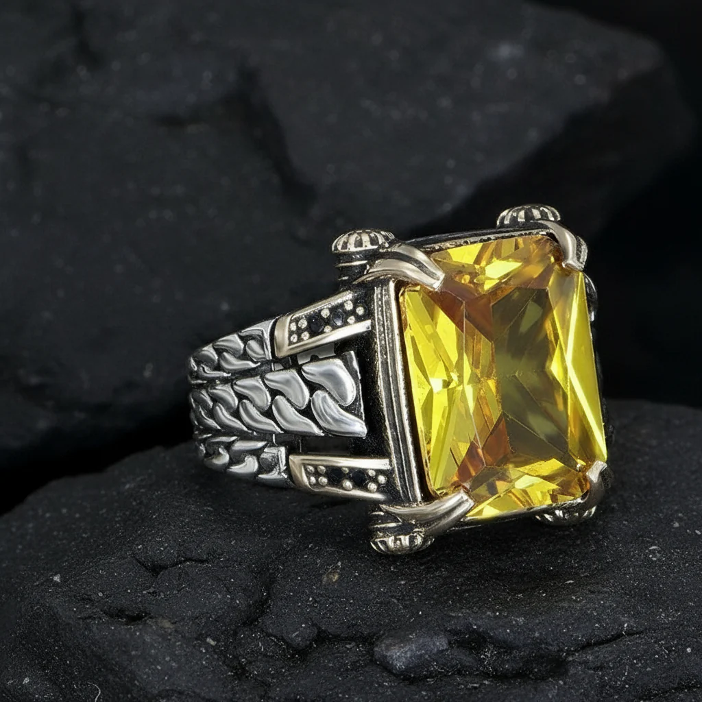 Versace Designed Turkish Style Ring with 12 ct Natural Yellow Citrine ,925 Sterling Silver Oxidized Ring | With Certificate of Authenticity and 925 Hallmark