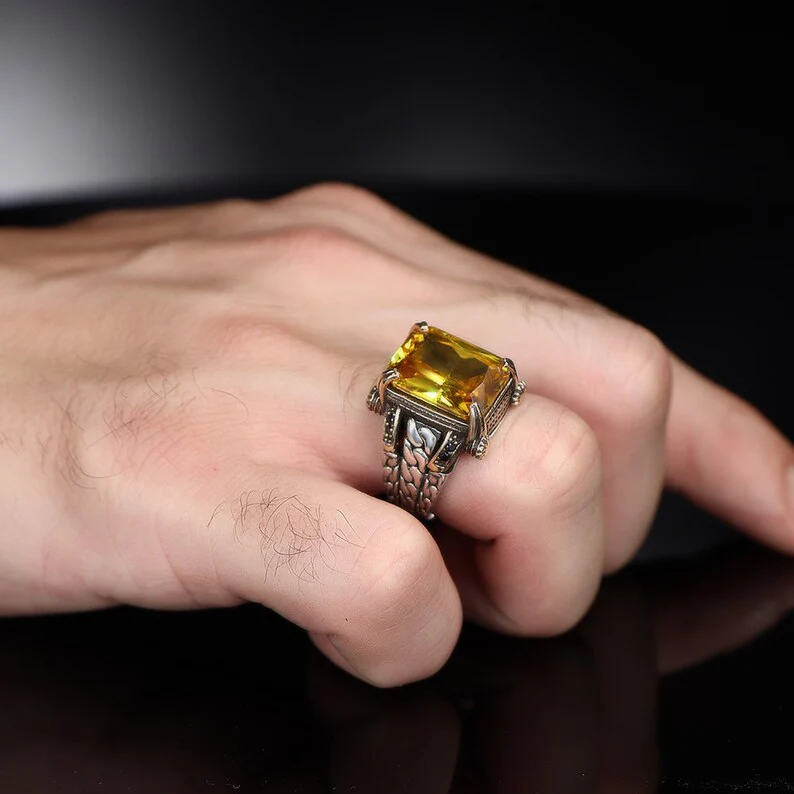 Versace Designed Turkish Style Ring with 12 ct Natural Yellow Citrine ,925 Sterling Silver Oxidized Ring | With Certificate of Authenticity and 925 Hallmark - Image 3