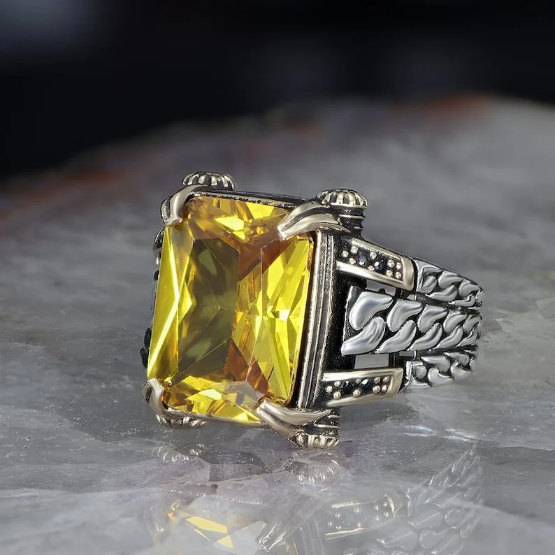 Versace Designed Turkish Style Ring with 12 ct Natural Yellow Citrine ,925 Sterling Silver Oxidized Ring | With Certificate of Authenticity and 925 Hallmark - Image 4