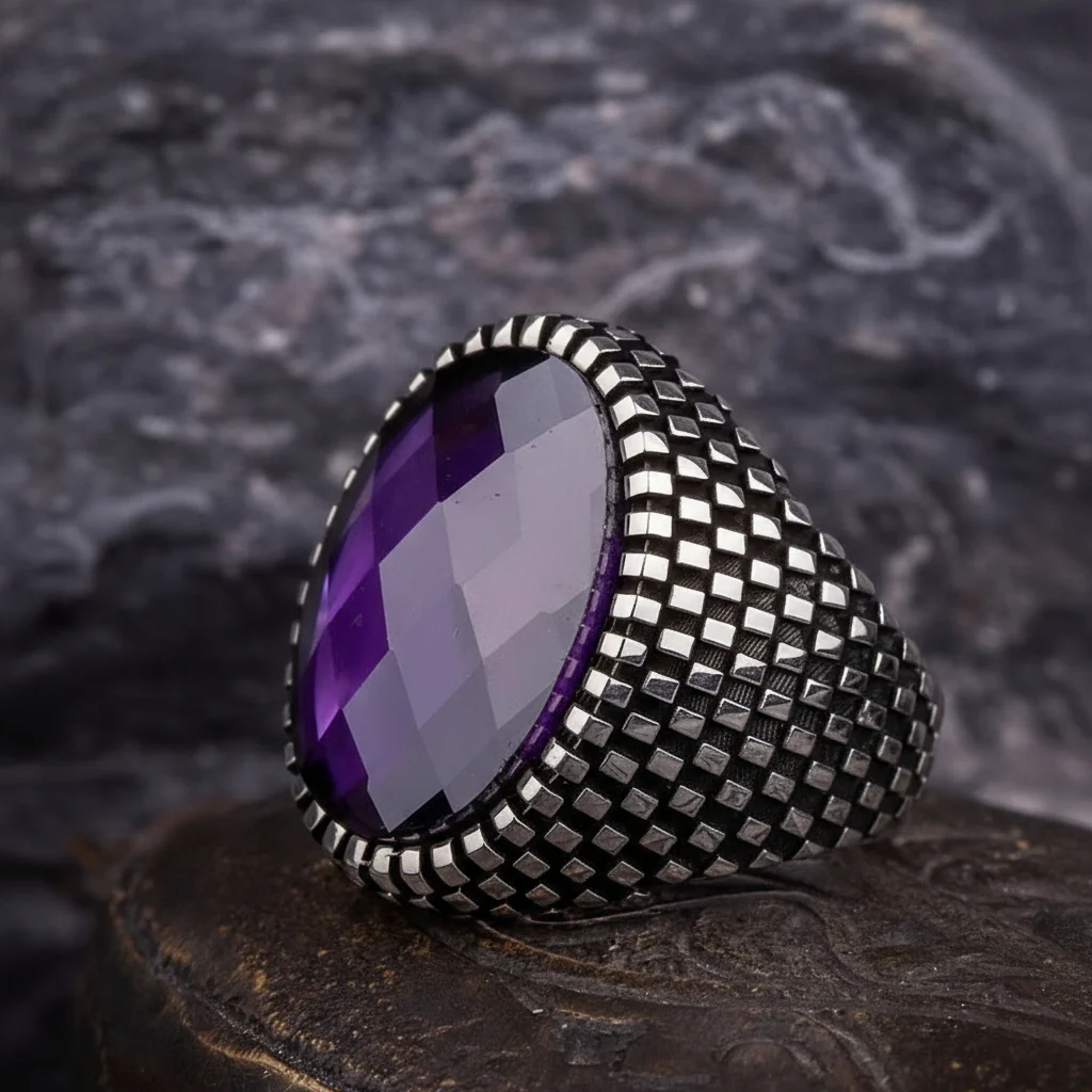 RARE PRINCE by CARAT SUTRA | Unique Designed Turkish Style Ring with Purple Amethyst , 925 Sterling Silver Oxidized Ring | Men's Jewelry | With Certificate of Authenticity and 925 Hallmark
