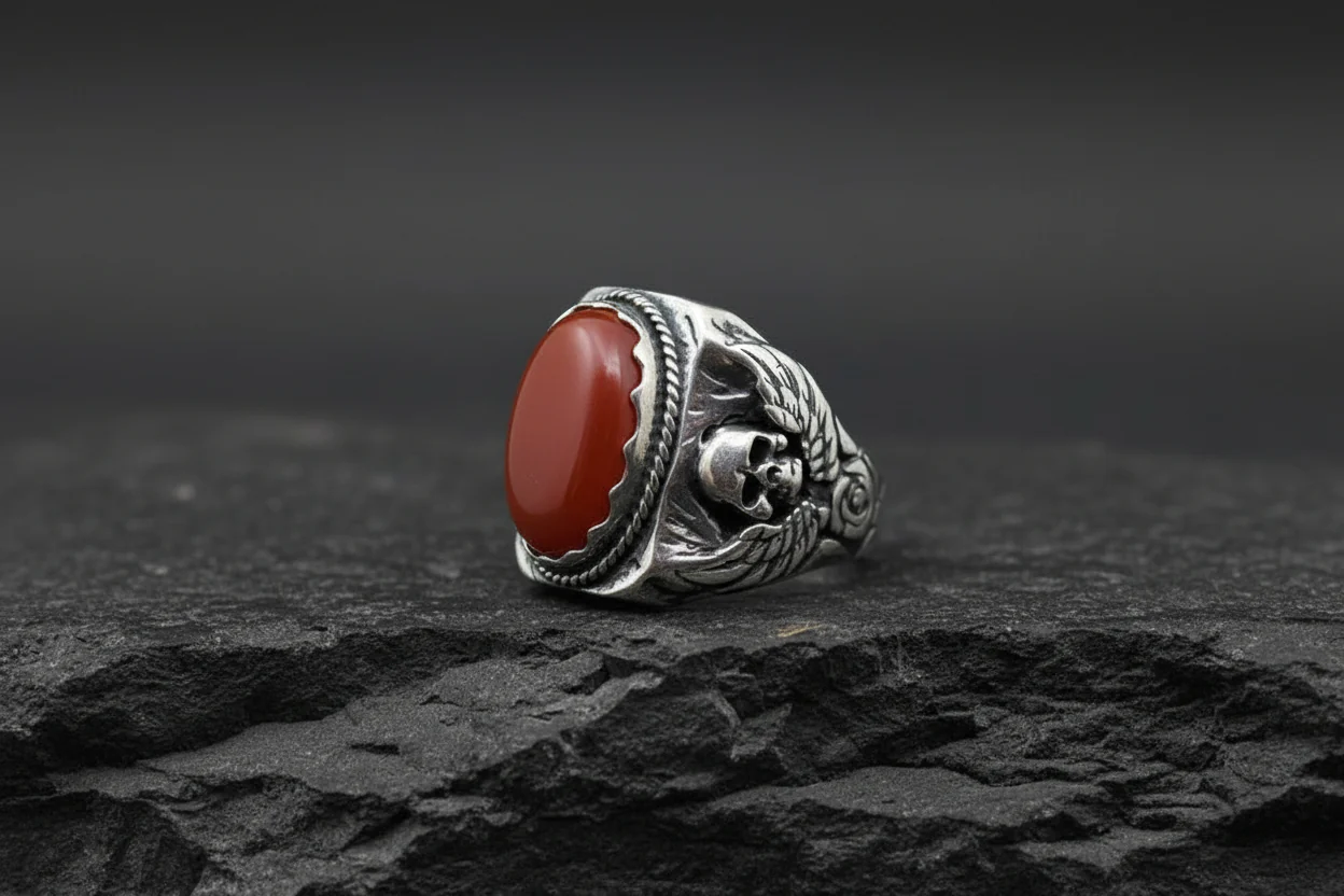 Skull designed Ring with Oval shaped 10ct Natural Red Coral (Moonga) | 925 Sterling Silver Oxidized Ring | With Certificate of Authenticity and 925 Hallmark