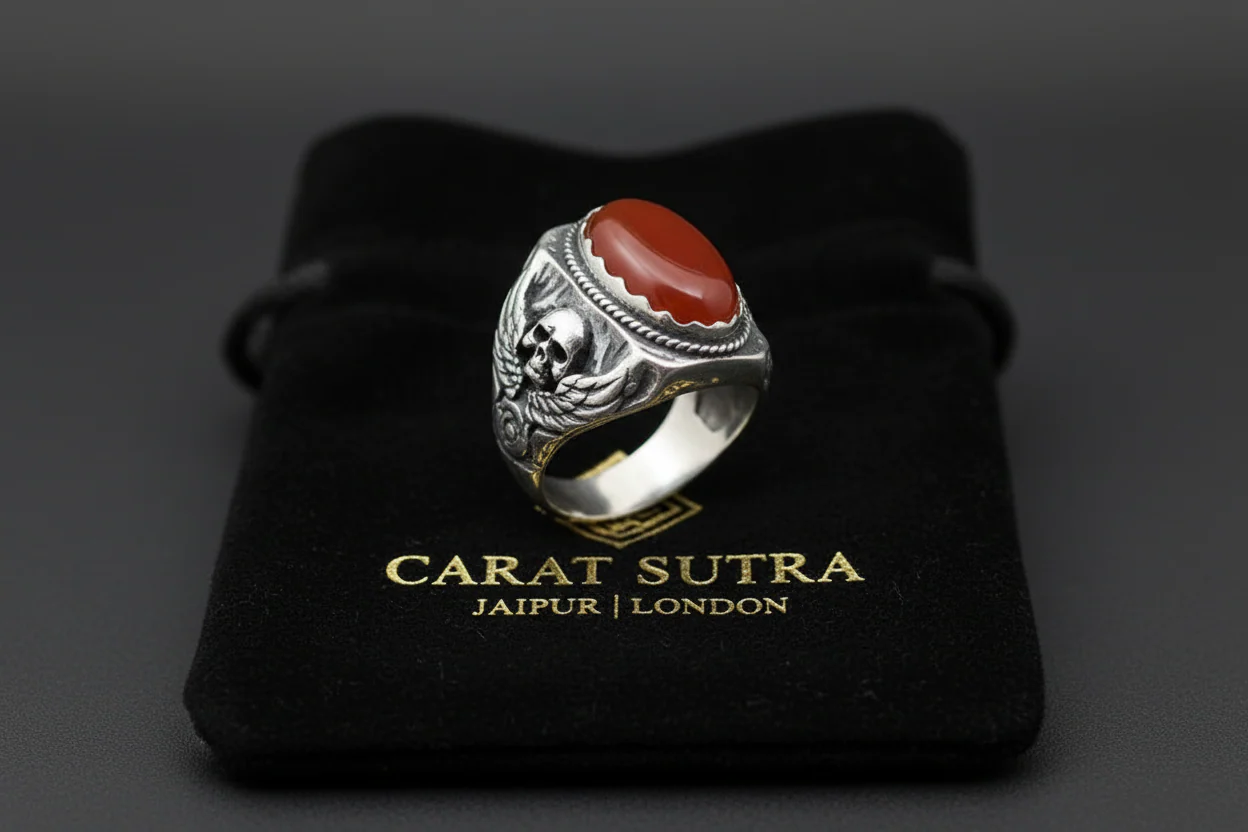 Skull designed Ring with Oval shaped 10ct Natural Red Coral (Moonga) | 925 Sterling Silver Oxidized Ring | With Certificate of Authenticity and 925 Hallmark - Image 3