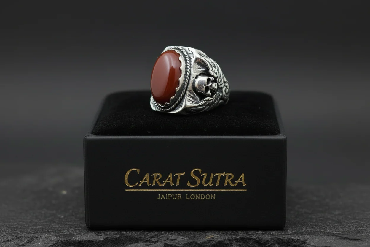 Skull designed Ring with Oval shaped 10ct Natural Red Coral (Moonga) | 925 Sterling Silver Oxidized Ring | With Certificate of Authenticity and 925 Hallmark - Image 5