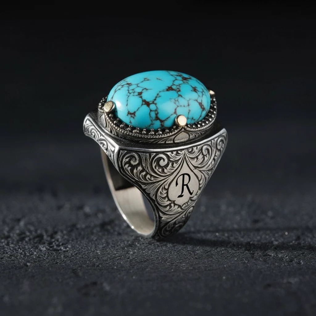 Turkish Style Ring with 15ct Natural Irani Origin Turquoise | 925 Sterling Silver Oxidized Ring |With Certificate of Authenticity and 925 Hallmark - Image 2