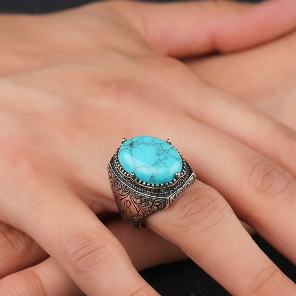 Turkish Style Ring with 15ct Natural Irani Origin Turquoise | 925 Sterling Silver Oxidized Ring |With Certificate of Authenticity and 925 Hallmark - Image 3