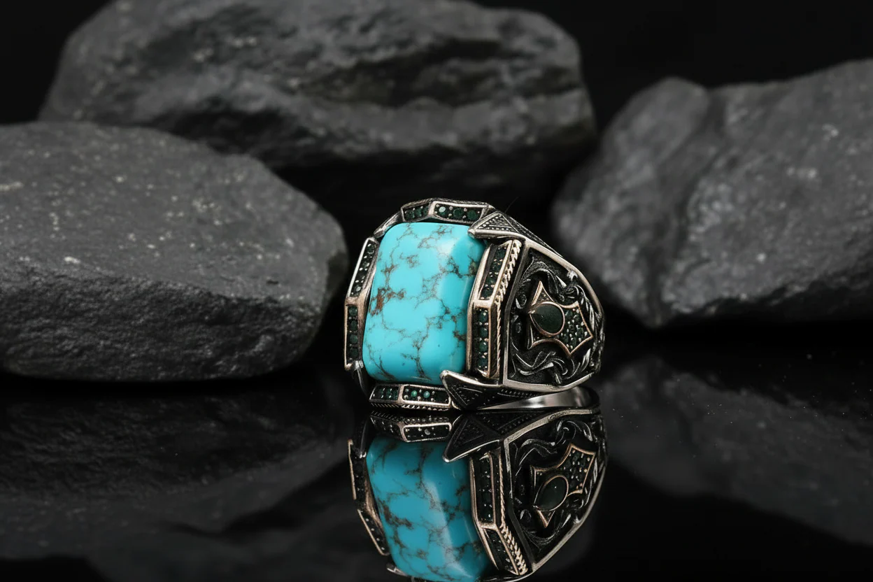 Turkish Style Ring with 15ct Natural Irani Origin Turquoise | 925 Sterling Silver Oxidized Ring |With Certificate of Authenticity and 925 Hallmark