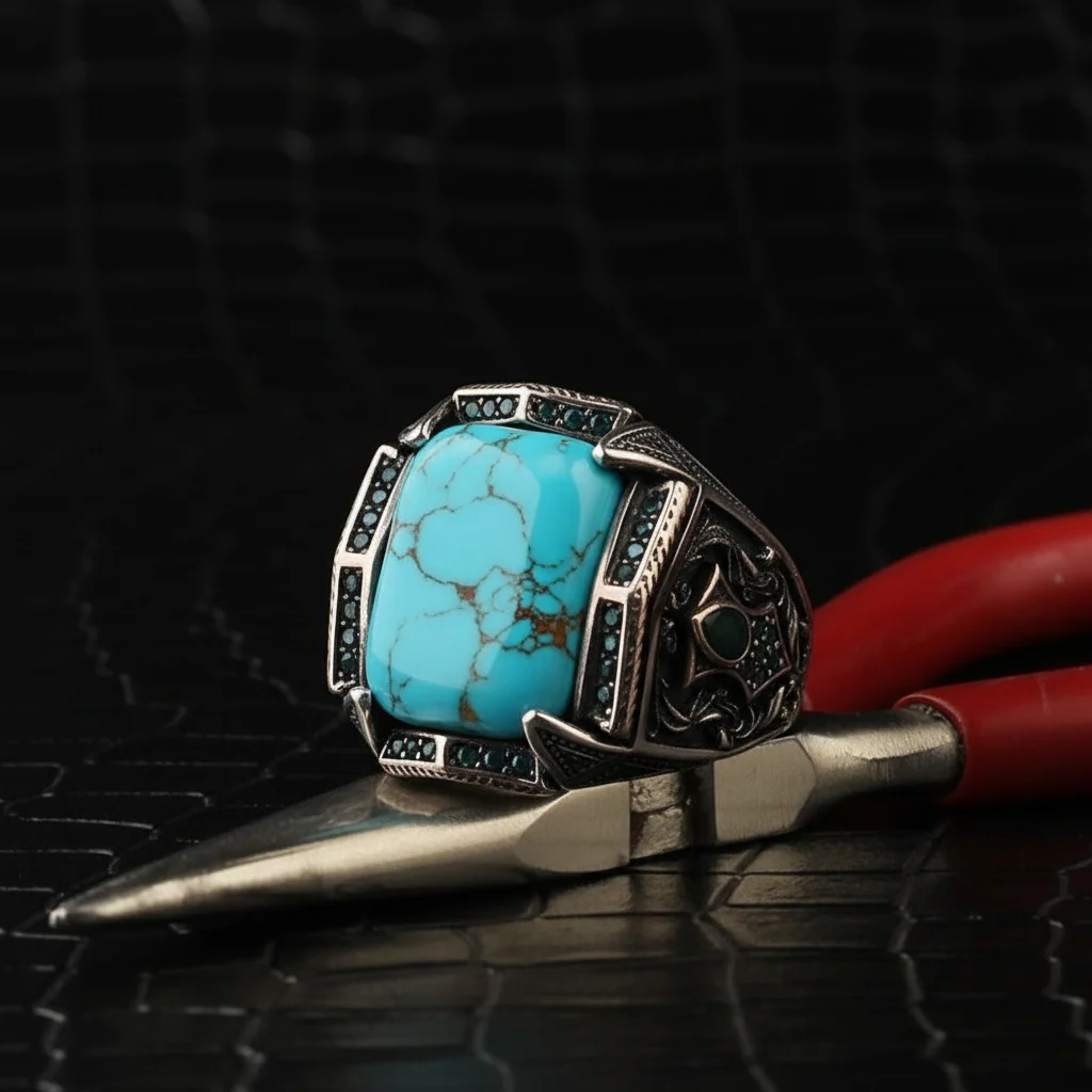 Turkish Style Ring with 15ct Natural Irani Origin Turquoise | 925 Sterling Silver Oxidized Ring |With Certificate of Authenticity and 925 Hallmark - Image 2