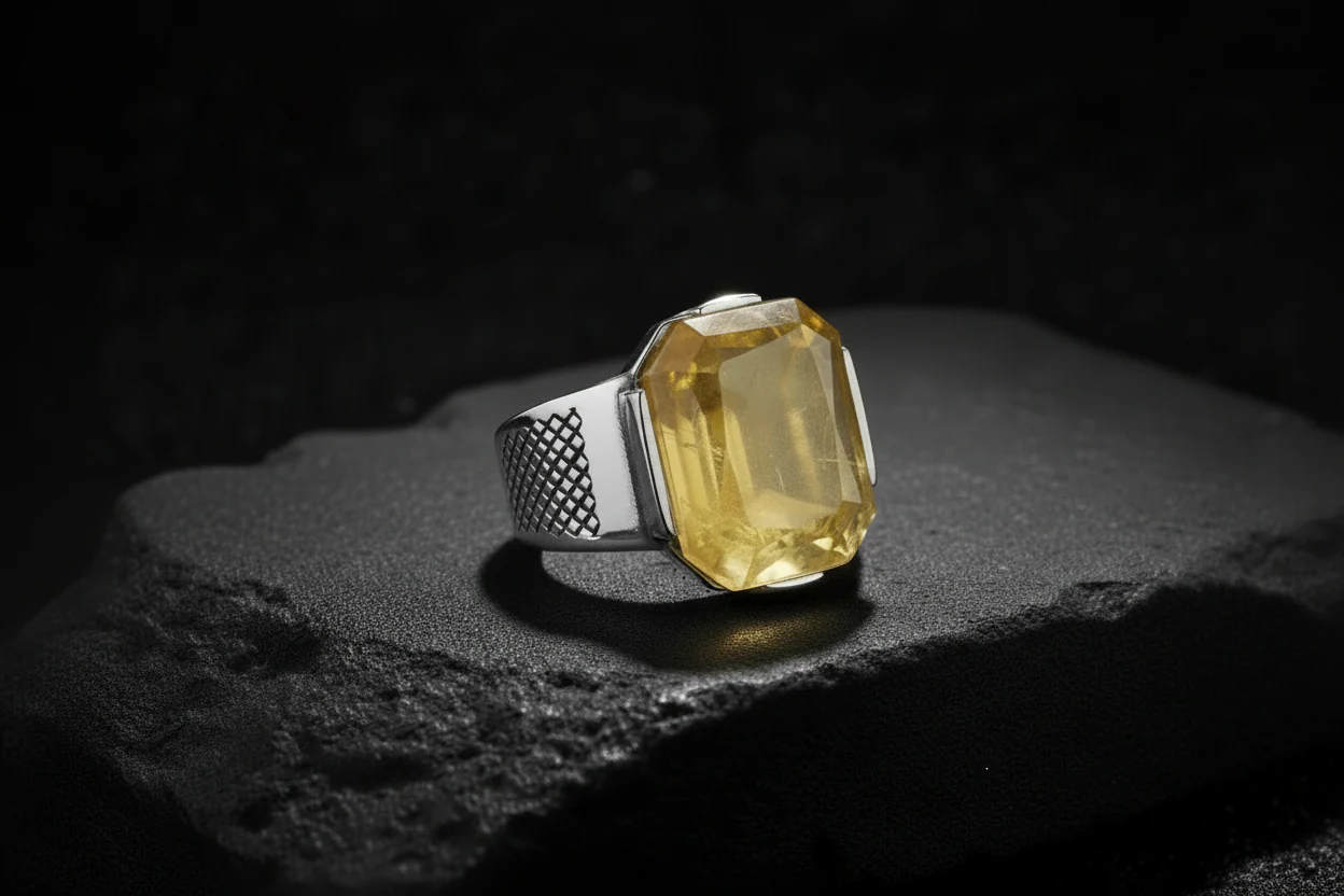 Turkish Style Ring with Octagon Cut Natural Yellow Sapphire (Pukhraj) | 925 Sterling Silver Oxidized Ring |With Certificate of Authenticity and 925 Hallmark