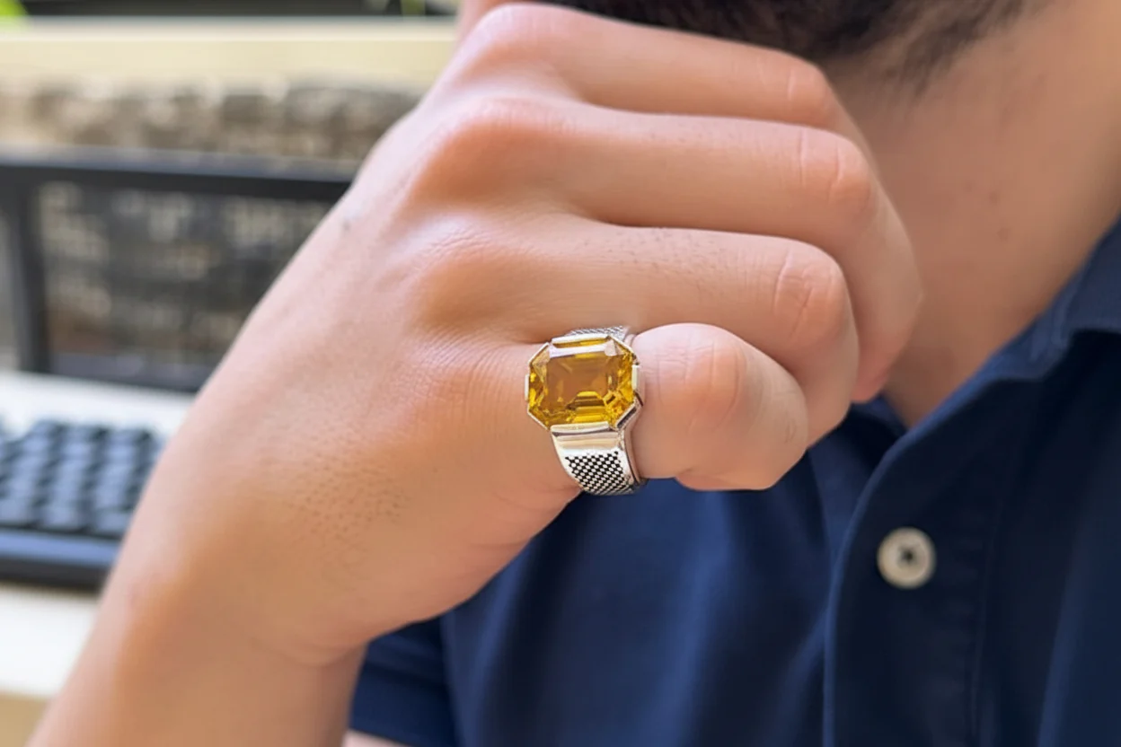 Turkish Style Ring with Octagon Cut Natural Yellow Sapphire (Pukhraj) | 925 Sterling Silver Oxidized Ring |With Certificate of Authenticity and 925 Hallmark - Image 4