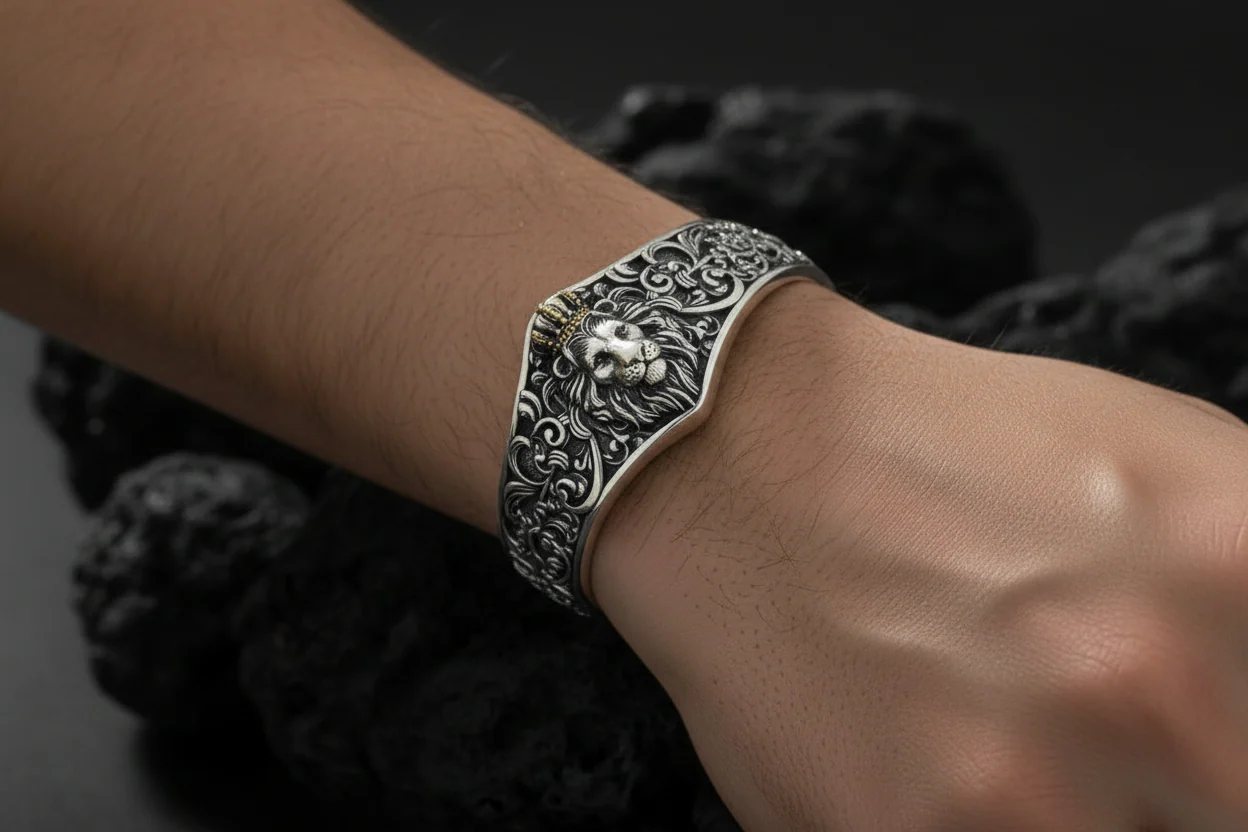 Unique 925 Silver Oxidized Lion Kada / Cuff Bracelet | Bracelet for Men | 925 Sterling Silver Cuff | Men's Jewelry | With Certificate of Authenticity and 925 Hallmark (Copy) - Image 4