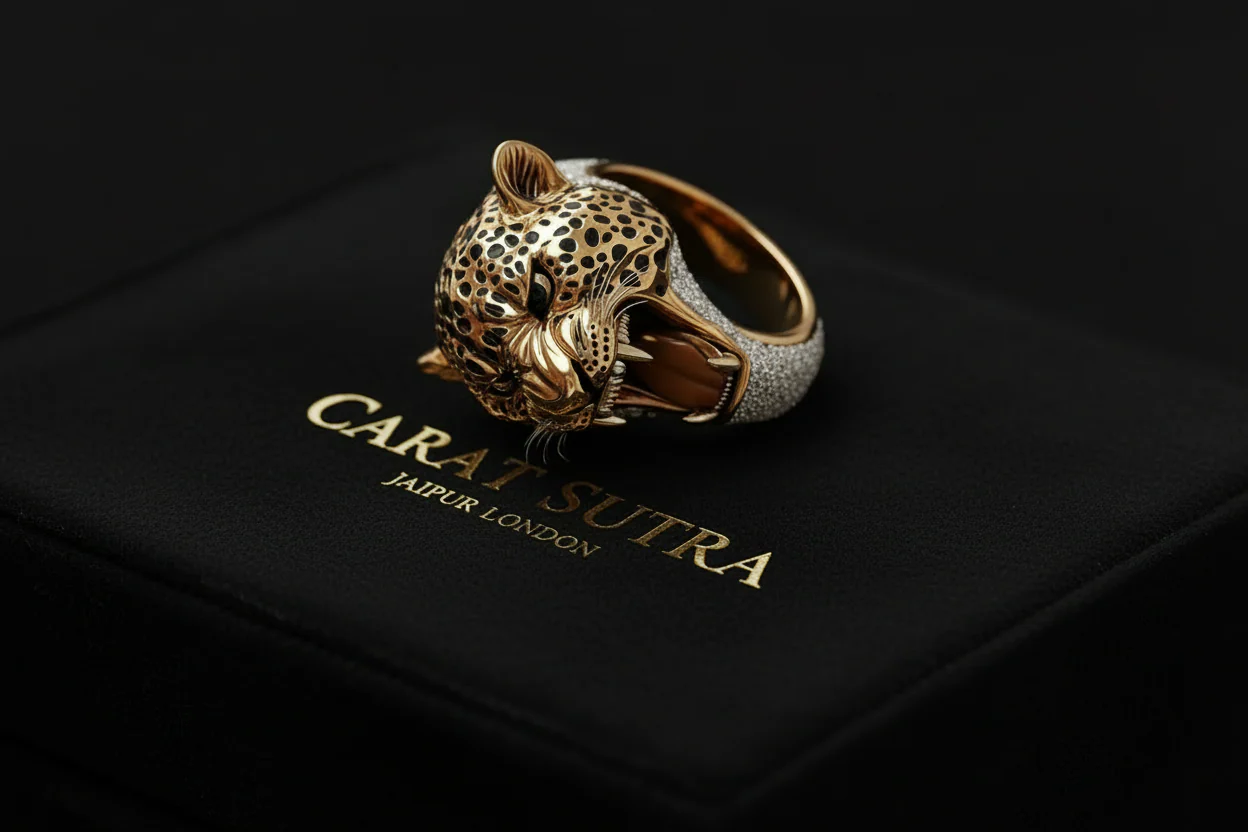 Unique Designed 22k Gold Plated 3D Tiger face Ring with white Swarovski | 925 Sterling Silver Oxidized Ring | With Certificate of Authenticity and 925 Hallmark - Image 3