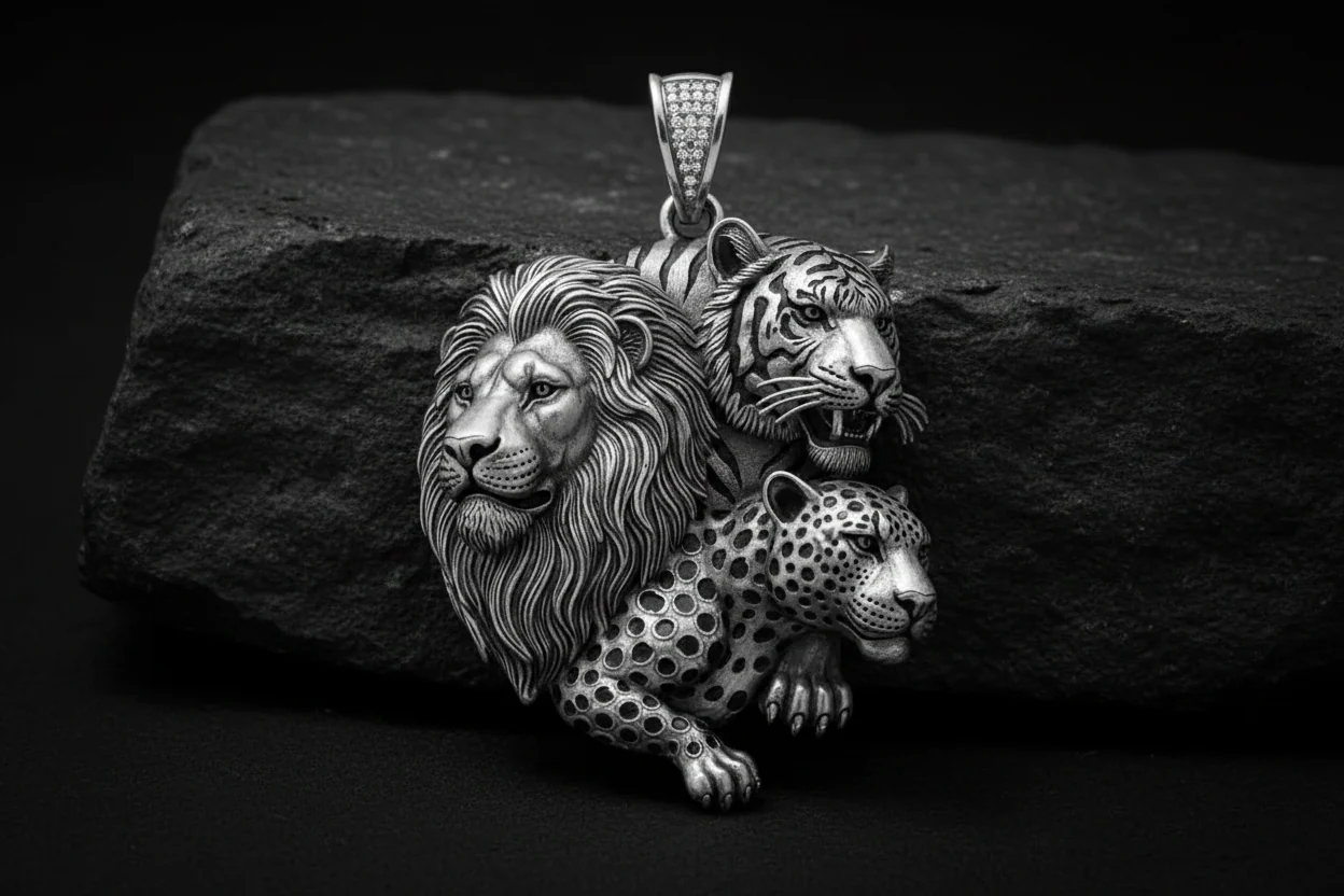Unique Designed Lion - Tiger - Leopard Pendant for Men | 925 Sterling Silver Oxidized Pendant | Men's Jewelry | With Certificate of Authenticity and 925 Hallmark