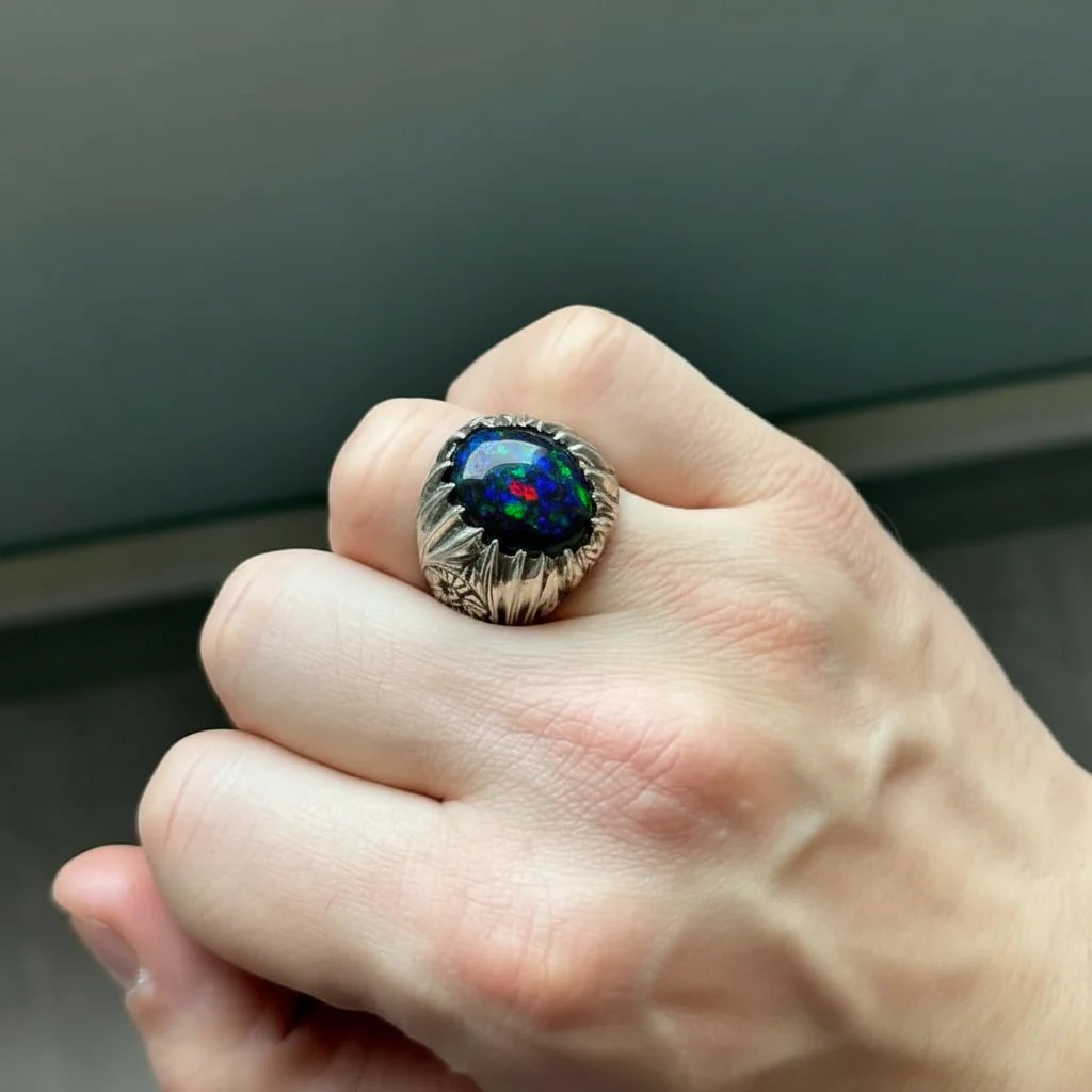 Unique Designed Turkish Style Ring with 12ct Natural Fire Black Opal | 925 Sterling Silver Oxidized Ring | With Certificate of Authenticity and 925 Hallmark - Image 3