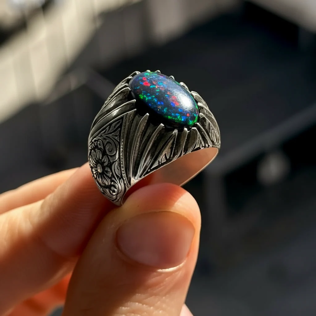 Unique Designed Turkish Style Ring with 12ct Natural Fire Black Opal | 925 Sterling Silver Oxidized Ring | With Certificate of Authenticity and 925 Hallmark - Image 4