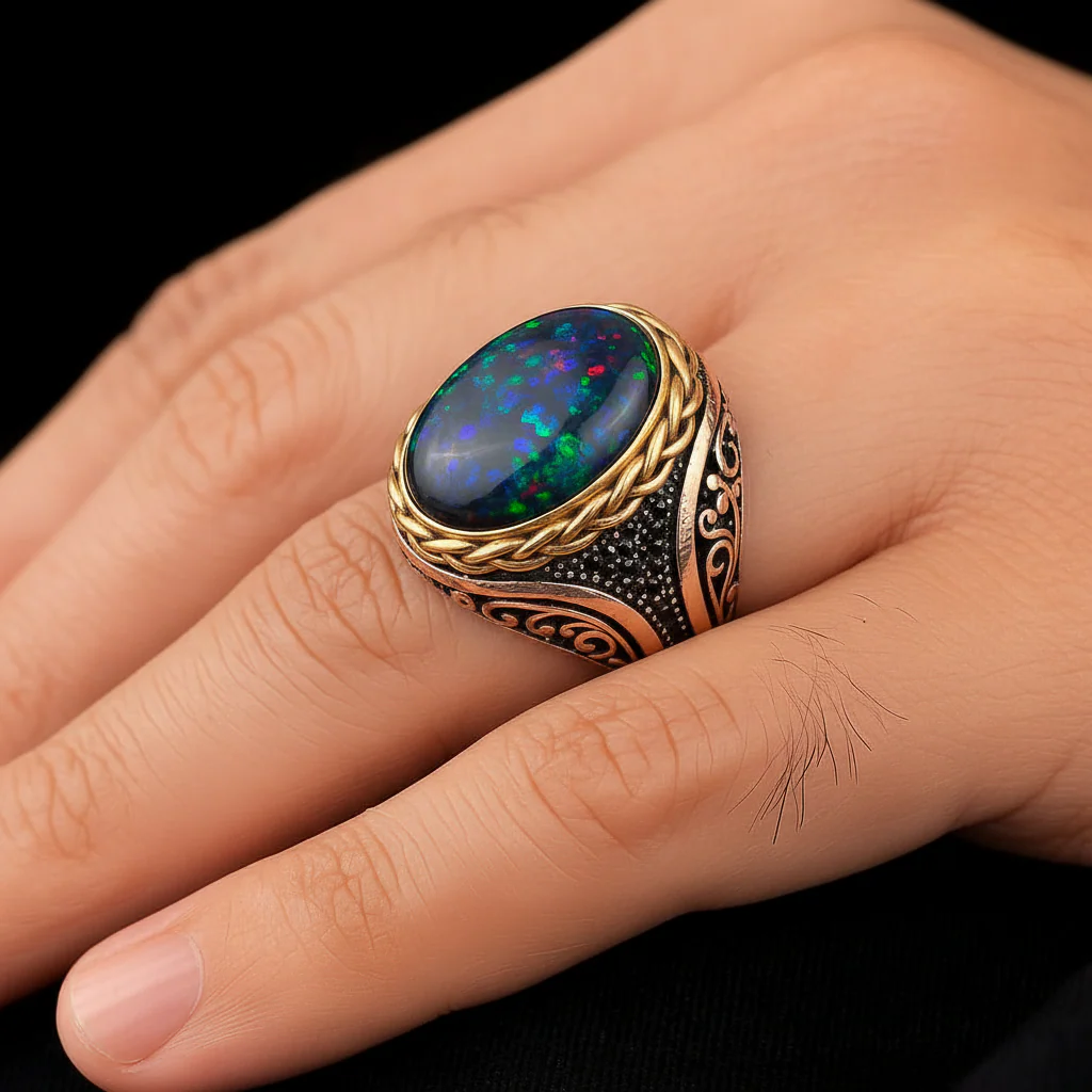 Unique Designed Turkish Style Ring with 12ct Natural Fire Black Opal | 925 Sterling Silver Oxidized Ring | With Certificate of Authenticity and 925 Hallmark - Image 2