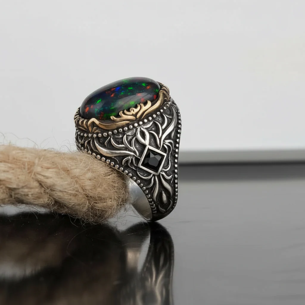 Unique Designed Turkish Style Ring with 12ct Natural Fire Black Opal | 925 Sterling Silver Oxidized Ring | With Certificate of Authenticity and 925 Hallmark - Image 2