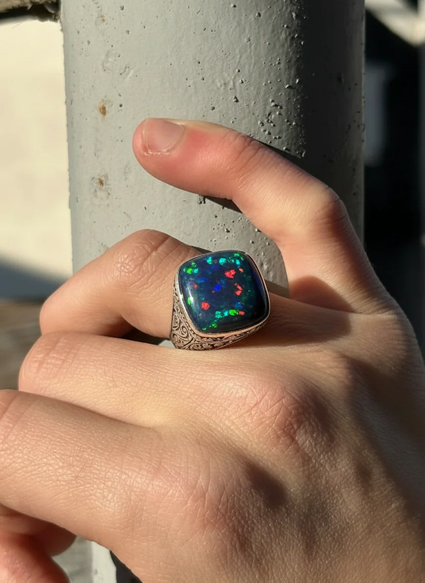 Unique Designed Turkish Style Ring with 12ct Natural Fire Black Opal | 925 Sterling Silver Oxidized Ring | With Certificate of Authenticity and 925 Hallmark - Image 2