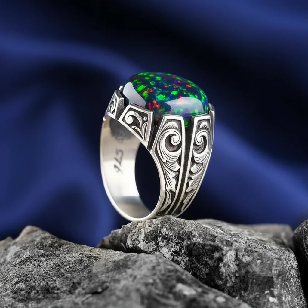 Unique Designed Turkish Style Ring with 12ct Natural Fire Black Opal | 925 Sterling Silver Oxidized Ring | With Certificate of Authenticity and 925 Hallmark - Image 2