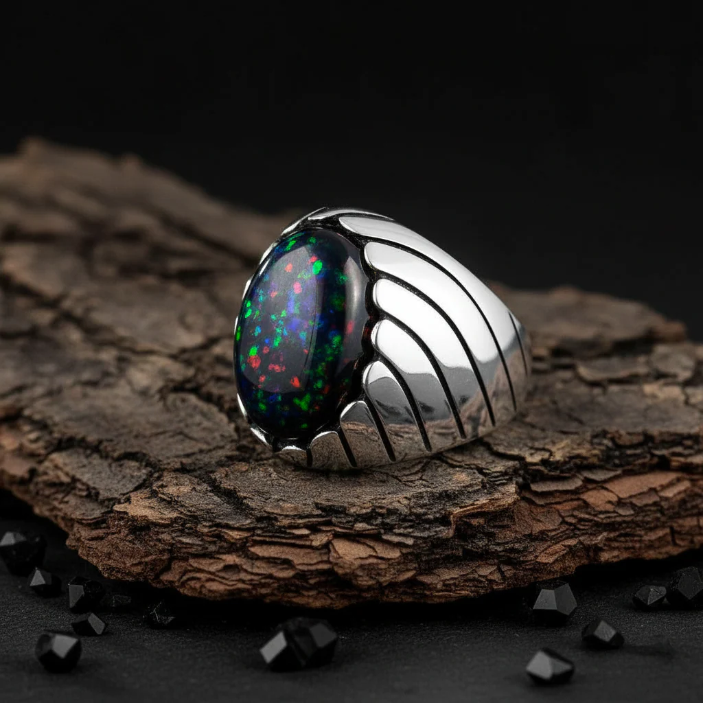 Unique Designed Turkish Style Ring with 12ct Natural Fire Black Opal | 925 Sterling Silver Oxidized Ring | With Certificate of Authenticity and 925 Hallmark