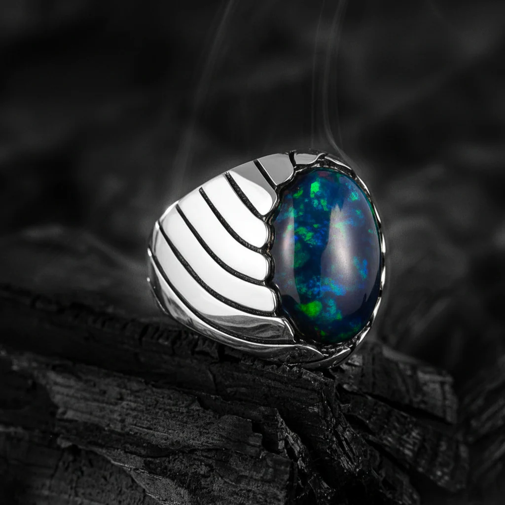 Unique Designed Turkish Style Ring with 12ct Natural Fire Black Opal | 925 Sterling Silver Oxidized Ring | With Certificate of Authenticity and 925 Hallmark - Image 3