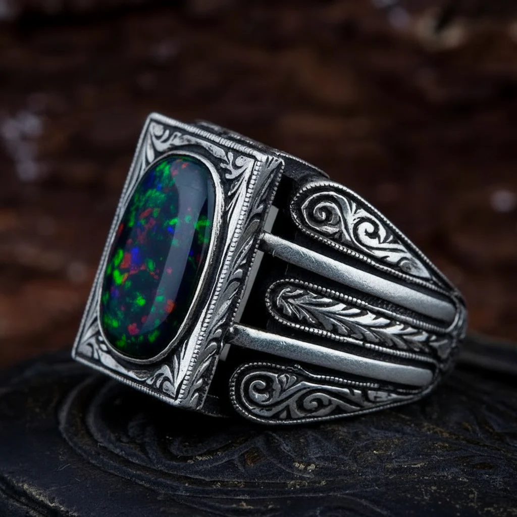 Unique Designed Turkish Style Ring with 12ct Natural Fire Black Opal | 925 Sterling Silver Oxidized Ring | With Certificate of Authenticity and 925 Hallmark - Image 2