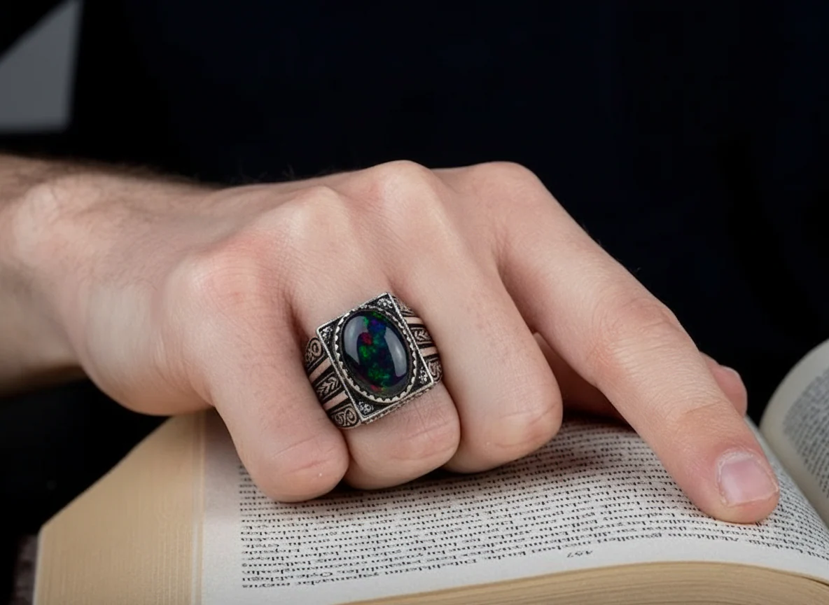 Unique Designed Turkish Style Ring with 12ct Natural Fire Black Opal | 925 Sterling Silver Oxidized Ring | With Certificate of Authenticity and 925 Hallmark - Image 3