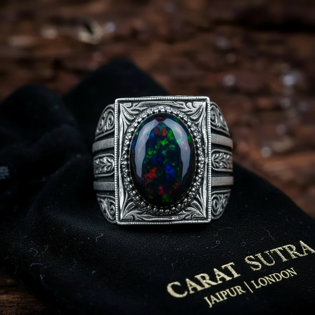 Unique Designed Turkish Style Ring with 12ct Natural Fire Black Opal | 925 Sterling Silver Oxidized Ring | With Certificate of Authenticity and 925 Hallmark - Image 4
