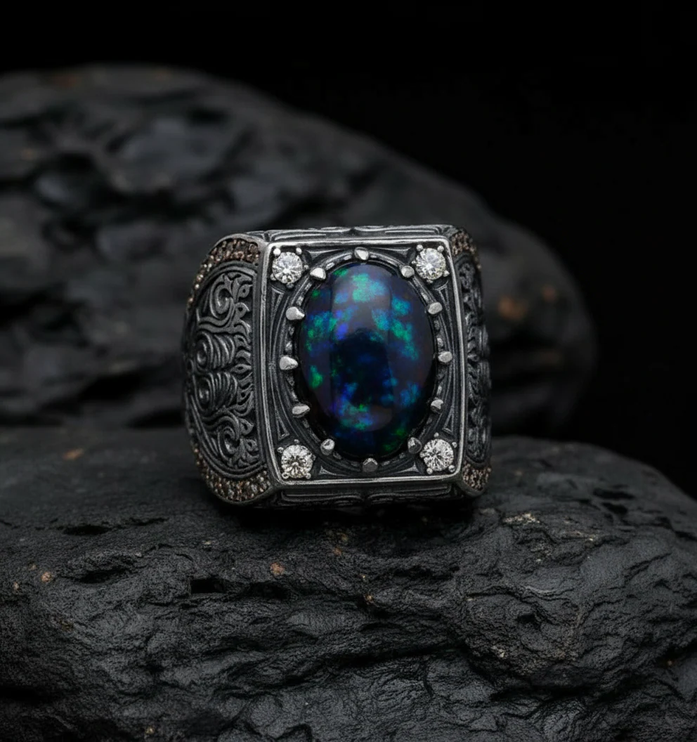 Unique Designed Turkish Style Ring with 15ct Natural Fire Black Opal | 925 Sterling Silver Oxidized Ring | With Certificate of Authenticity and 925 Hallmark