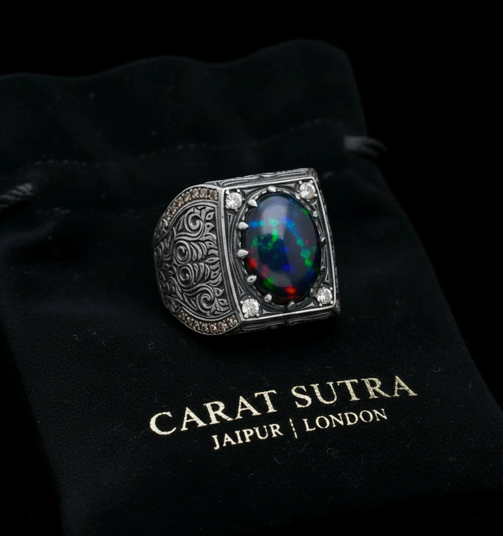 Unique Designed Turkish Style Ring with 15ct Natural Fire Black Opal | 925 Sterling Silver Oxidized Ring | With Certificate of Authenticity and 925 Hallmark - Image 3