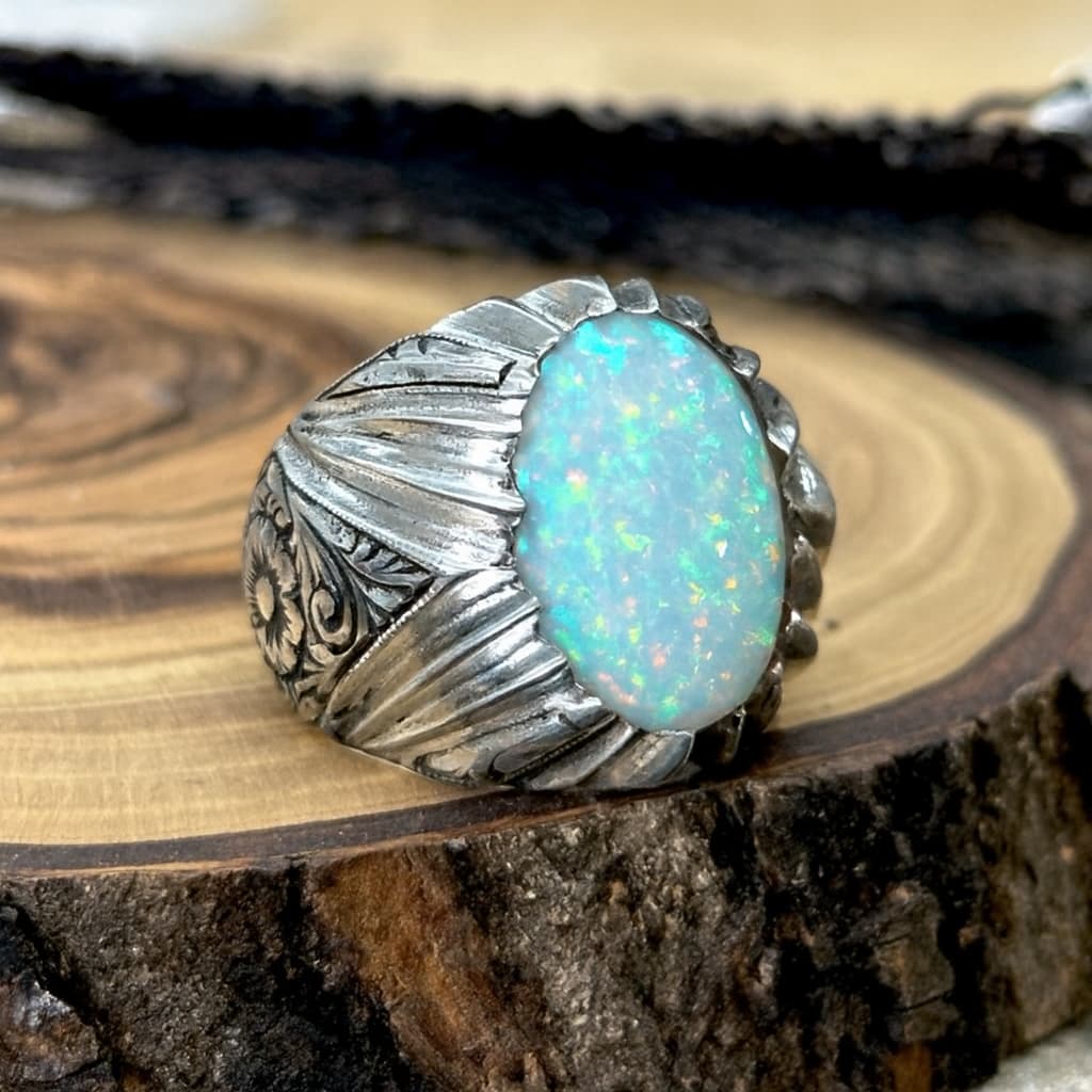 Unique Designed Turkish Style Ring with Excellent quality 12ct Fire Australian Opal | 925 Sterling Silver Oxidized Ring | With Certificate of Authenticity and 925 Hallmark