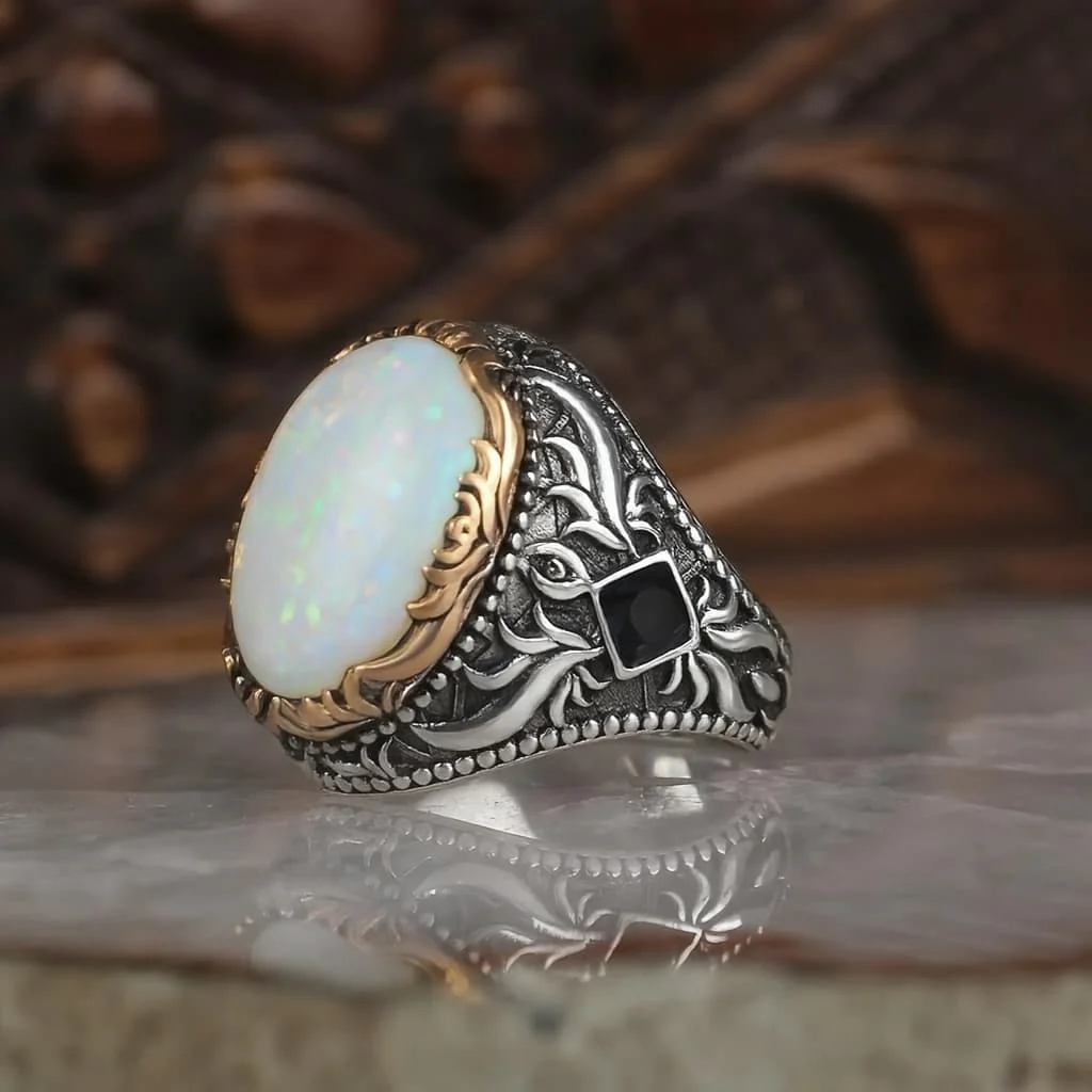 Unique Designed Turkish Style Ring with 13ct Fire Australian Opal | 925 Sterling Silver Oxidized Ring | With Certificate of Authenticity and 925 Hallmark